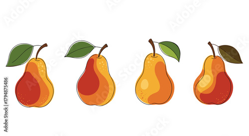 A row of ripe yellow and red pears with green leaves.