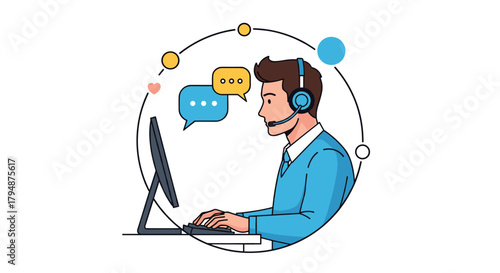 Customer service representative working at a computer wearing a headset and interacting with clients online.