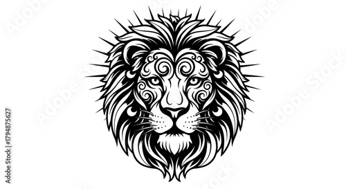 Detailed black and white illustration of a majestic lion's head with intricate swirling patterns and a spiky mane, symbolizing strength and royalty.