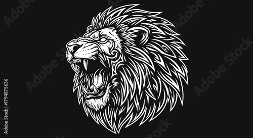A detailed black and white illustration of a roaring lion's head, showcasing intricate details.