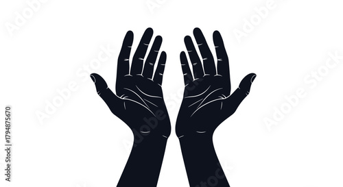 Two dark open hands reaching upwards against a white background.