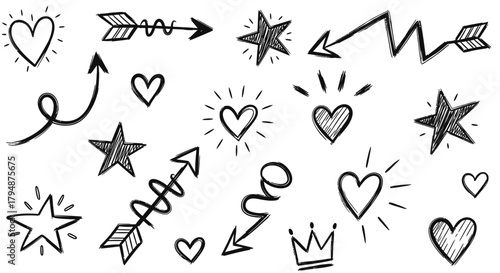 Hand-drawn doodles featuring hearts, stars, arrows, and a crown, all in black and white.