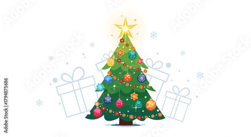 A beautifully decorated Christmas tree with presents and snow all around.