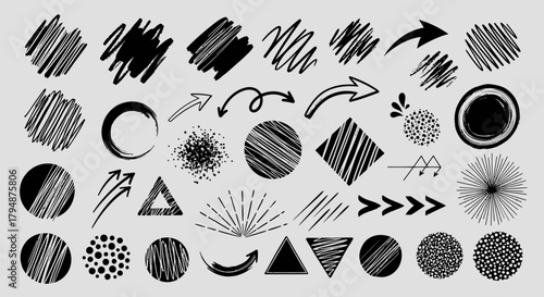 Collection of various hand-drawn graphic elements, including arrows, circles, and scribbles.