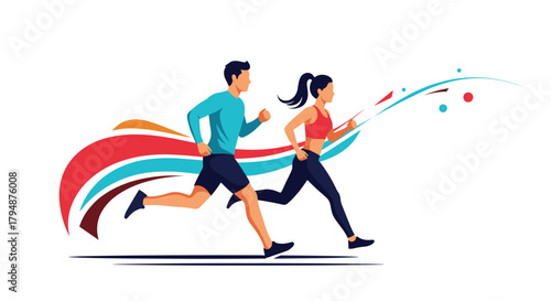 Two athletes running at full speed with colorful ribbons trailing behind them.