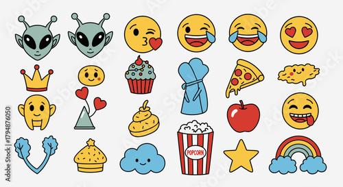 A colorful cartoon illustration featuring a variety of emojis, food items, and other whimsical elements on a light background.