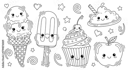 Kawaii sweets coloring page with ice cream, popsicle, cupcake, and apple with cute faces and decorations.