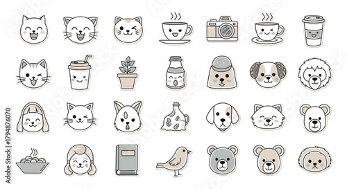 A charming collection of thirty cute kawaii-style line art icons featuring animals, people, and everyday objects.