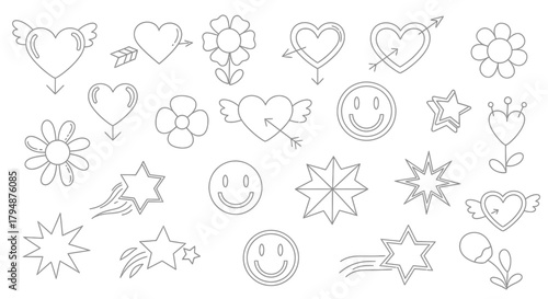 A collection of simple, outline-style drawings of hearts, flowers, stars, and smiley faces.