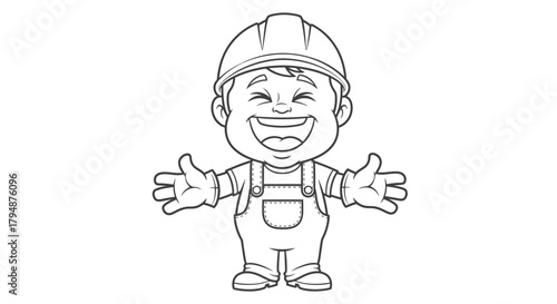 A happy cartoon boy construction worker wearing a hard hat and overalls, with arms outstretched, black and white line art.