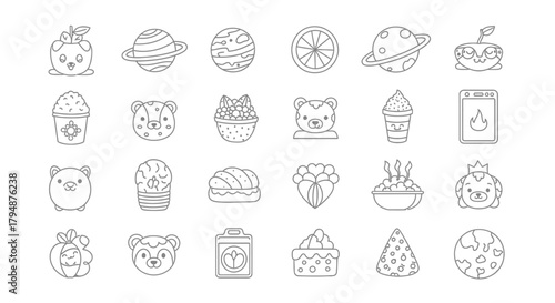 A collection of 30 black and white outline icons featuring cute cartoon characters, food items, and celestial bodies.