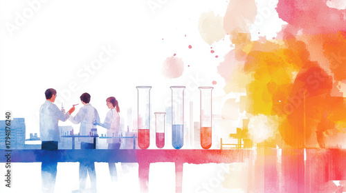 Laboratory scene with scientists conducting experiments, colorful watercolor style, showcasing teamwork and innovation in research
