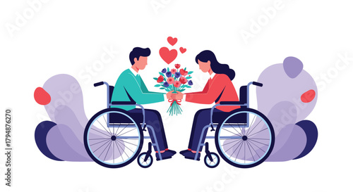 A loving couple in wheelchairs shares a bouquet of flowers and hearts on a special day.