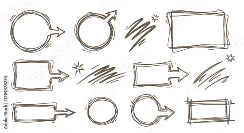 Hand-drawn sketchy doodle elements set with circles, rectangles, arrows, and scribbles for graphic design.