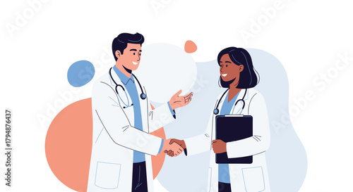 Two doctors shake hands in a gesture of collaboration and agreement in a modern medical setting.