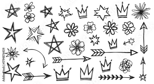 A collection of hand-drawn doodle elements including stars, flowers, crowns, arrows, and abstract shapes.