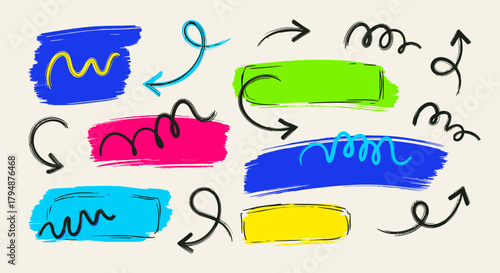 Colorful hand-drawn elements including arrows, rectangles, and swirls, perfect for design and visual communication.