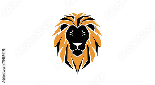 Stylized graphic illustration of a lion's head with a black face and a golden orange mane.