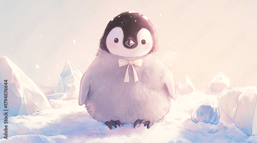 Obraz premium Cute penguin character wearing a bow tie stands on snowy landscape surrounded by icebergs, showcasing a whimsical and playful winter scene with soft pastel colors