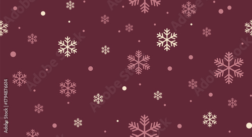 A charming winter snowflake pattern with gentle falling snow on a dark red background.