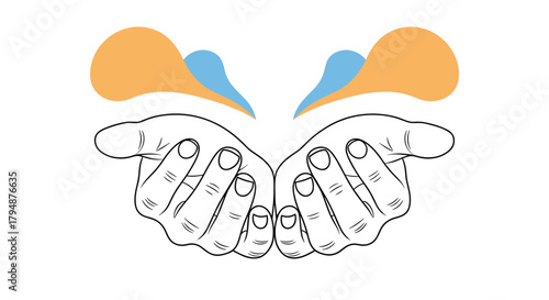 Two open hands offering support and care to abstract colorful shapes representing positivity and ideas.