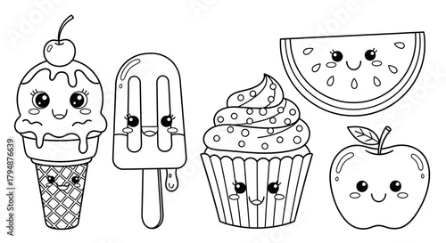 Cute cartoon food illustrations: ice cream, popsicle, cupcake, watermelon, and apple with kawaii faces.