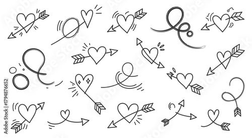 A collection of hand-drawn doodle hearts pierced by arrows, representing love and romance.