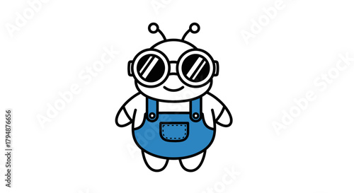 A cute cartoon alien character wearing blue overalls and round goggles, with antennae on its head.
