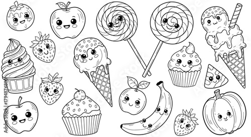 Black and white drawing of cute cartoon fruits and sweets, including apples, strawberries, lollipops, ice cream, cupcakes, banana, and pumpkin.