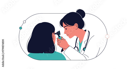 A doctor examining a child's ear with an otoscope for a medical checkup and diagnosis.
