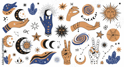 A collection of celestial and mystical illustrations featuring hands, moons, stars, suns, crystals, and galaxies, rendered in a boho-chic style with a palette of navy blue, gold, and beige.