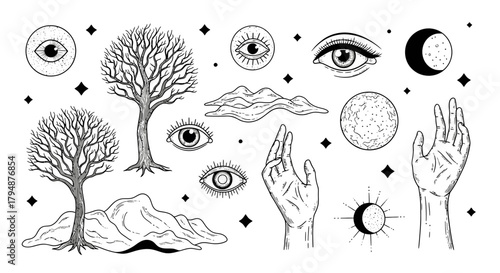Black and white illustration of mystical elements, including eyes, hands, trees, and celestial bodies.
