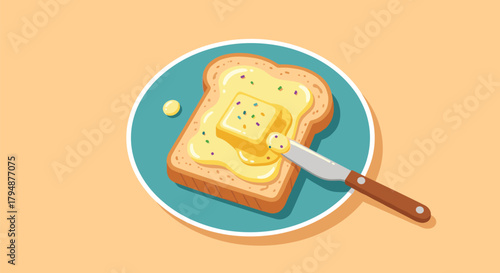 A delicious slice of toast with butter spread generously on top using a knife.