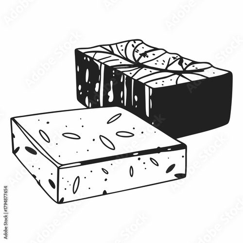 Black and White Illustration of Two Slices of Fudge with Nuts Keywords: fudge, chocolate, sweet, dessert, food, treat, confectionery, nuts, seeds, baking, homemade, illustration, drawing, black and