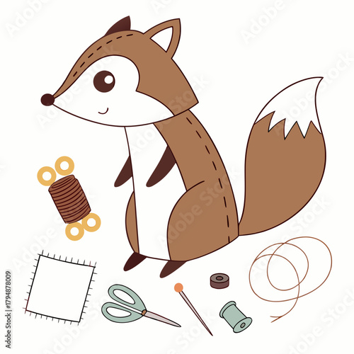 Cute Stuffed Fox and Sewing Supplies Illustration felt vector