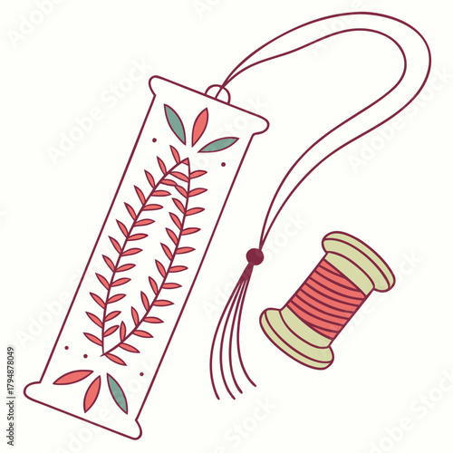Decorative Bookmark and Spool of Thread Illustration Keywords: bookmark, thread, spool, sewing, craft, craft supplies, needlework, handmade, illustration, drawing, decorative, pattern, floral
