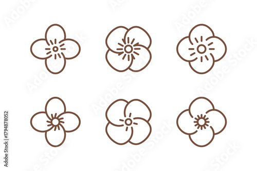 Flower emblem. Set of 6 geometric shape. Modern abstract linear compositions and graphic design elements.