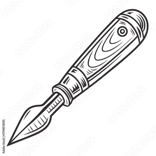 Detailed black and white illustration of a vintage fountain pen nib and holder writing calligraphy