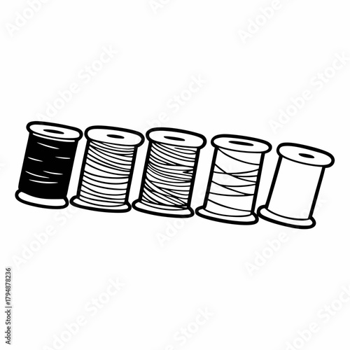 Five spools of thread in a row on a white background sewing yarn