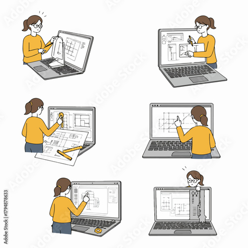 Six illustrations of a female architect or designer working on digital blueprints and 3D modeling using a laptop and various design tools.