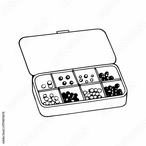 Open box with compartments filled with various small round beads Keywords: bead box, storage, craft supplies, beads, compartments, organization, DIY, hobby, craft, jewelry making, assortment