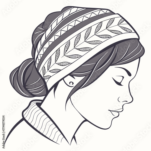 Profile of a Woman Wearing a Decorative Headband and Sweater Keywords: woman, profile, headscarf, headband, hair, bun, hairstyle, fashion, accessory, clothing, sweater, neck, collar, design