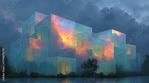 Quantum Architecture Abstract Superimposed buildings existing in multiple states probability cloud rendering iridescent uncertainty principle visualization