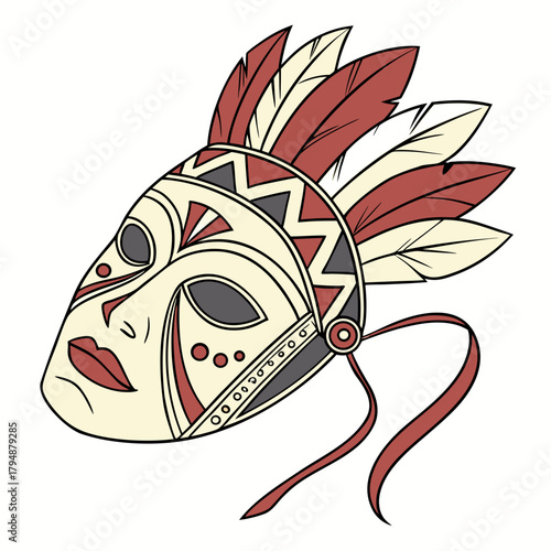 Stylized Tribal Mask with Feathers and Ribbon Detail Keywords: tribal mask, indigenous mask, ceremonial mask, face mask, cultural mask, headdress, feathers, ribbon, ancient, traditional, art