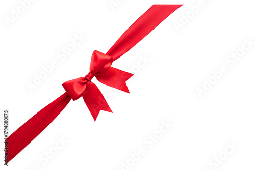 Closeup images luxurious tied red satin ribbon bow with fabric delicate texture for decoration gift card design in celebrations or special holiday themes.realistic elements.not ai generated. © hakinmhan