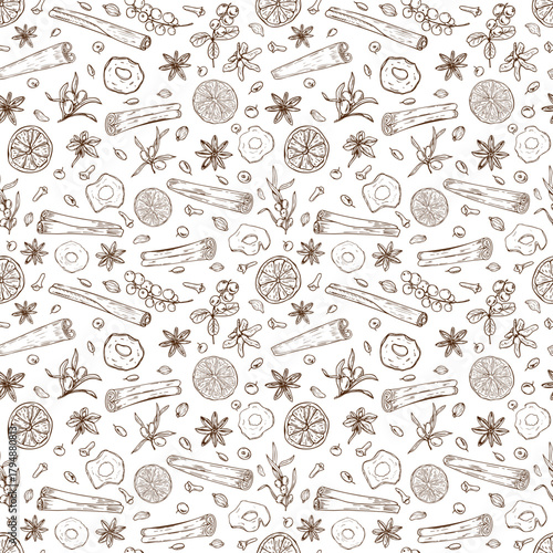 Vector winter seamless isolated pattern of dried fruit, berries and spices. Cinnamon sticks, orange and apple slices, sea buckthorn, cowberry, cardamom, anise and cloves ornate. Xmas gluhwein decor
