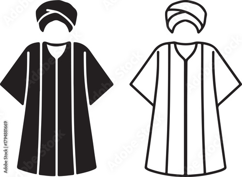 Stylized icon of traditional middle eastern male clothing, depicting a man in a turban and flowing robe, in both solid black and outline styles. isolated on white background, Vector, illustration