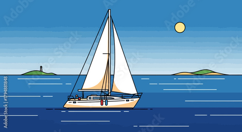 A sailboat sails across a calm ocean, with islands and a sun in the sky.