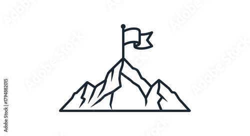 A simple line drawing depicts a mountain peak with a flag waving at the summit.