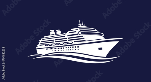 A stylized white cruise ship sailing on a dark blue background, representing travel.